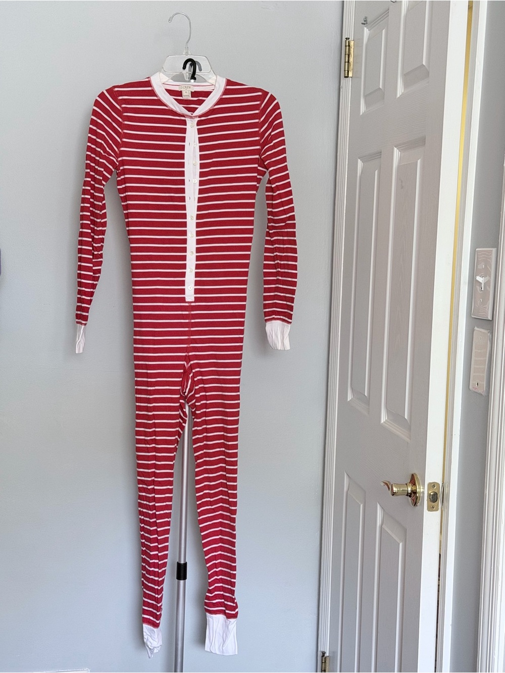 J. Crew XS Red White Stripe Henley One Piece Pajamas Union Suit Drop Seat